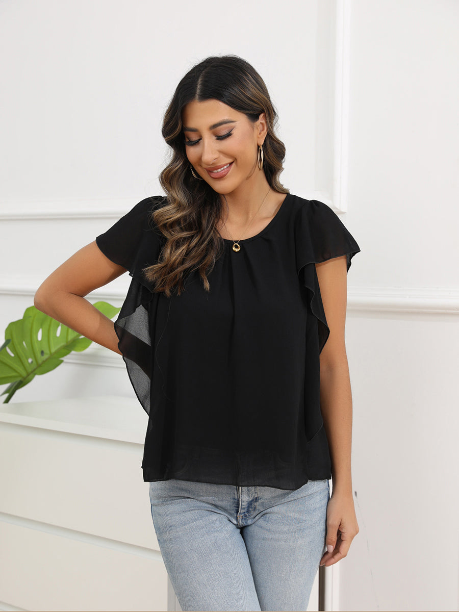 Blouses - Solid Color Round Neck Short Sleeve Loose Chiffon Blouse - MsDressly