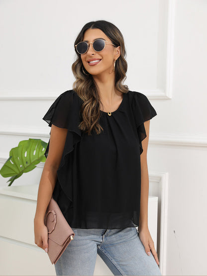 Blouses - Solid Color Round Neck Short Sleeve Loose Chiffon Blouse - MsDressly