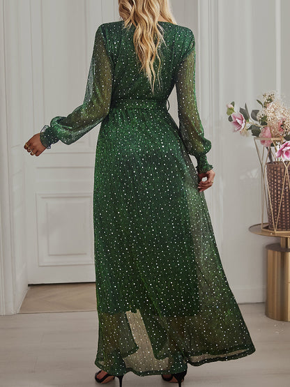 Maxi Dresses - Tie Waist Slit V Neck Long Sleeved Maxi Dress - MsDressly