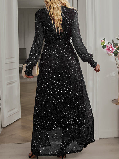 Maxi Dresses - Tie Waist Slit V Neck Long Sleeved Maxi Dress - MsDressly