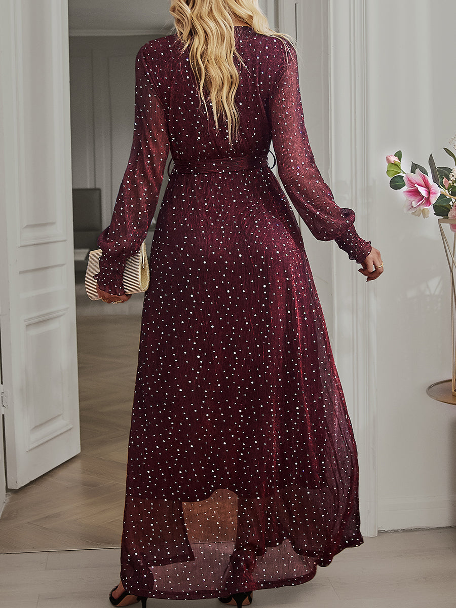 Maxi Dresses - Tie Waist Slit V Neck Long Sleeved Maxi Dress - MsDressly