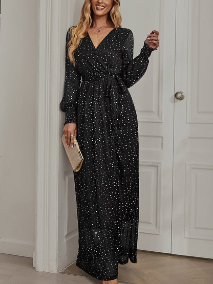 Maxi Dresses - Tie Waist Slit V Neck Long Sleeved Maxi Dress - MsDressly