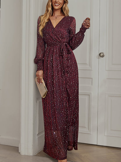 Maxi Dresses - Tie Waist Slit V Neck Long Sleeved Maxi Dress - MsDressly