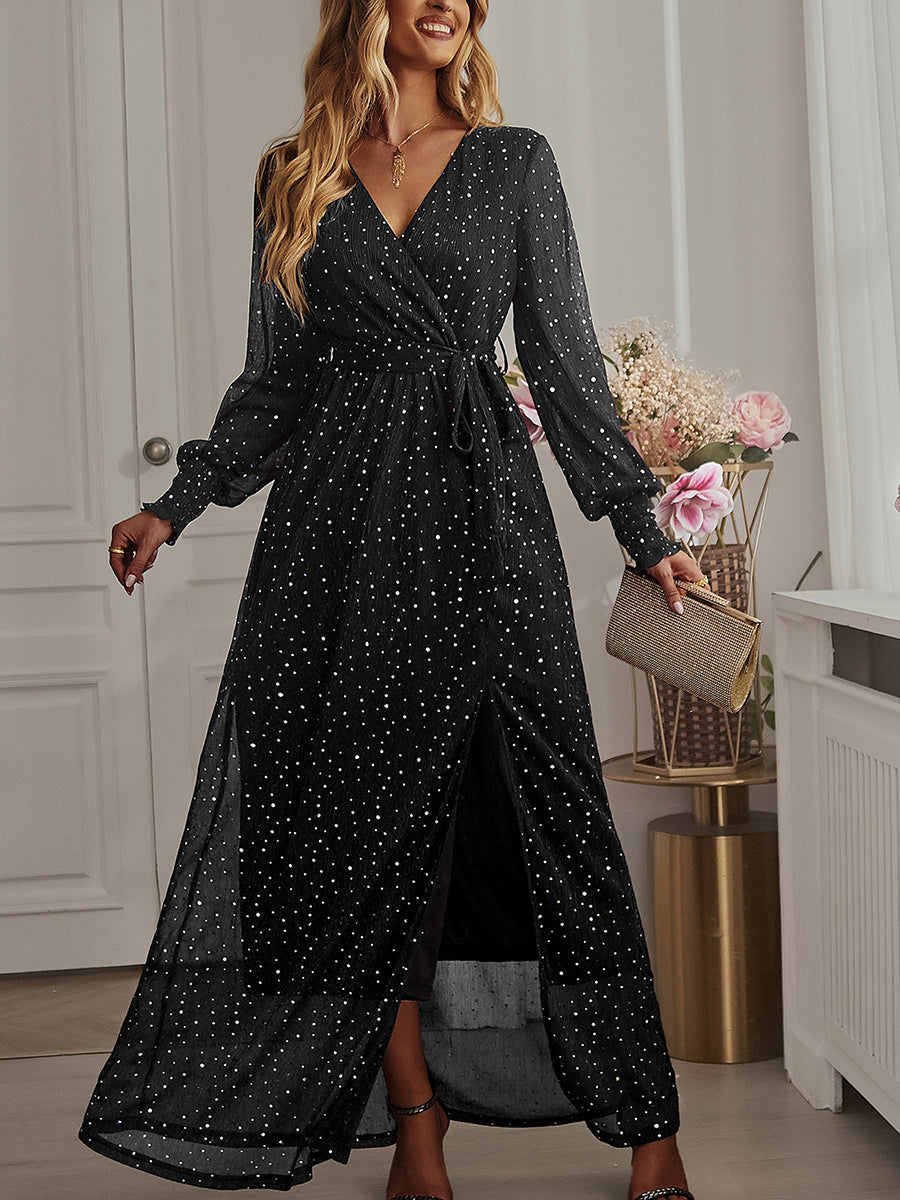 Maxi Dresses - Tie Waist Slit V Neck Long Sleeved Maxi Dress - MsDressly