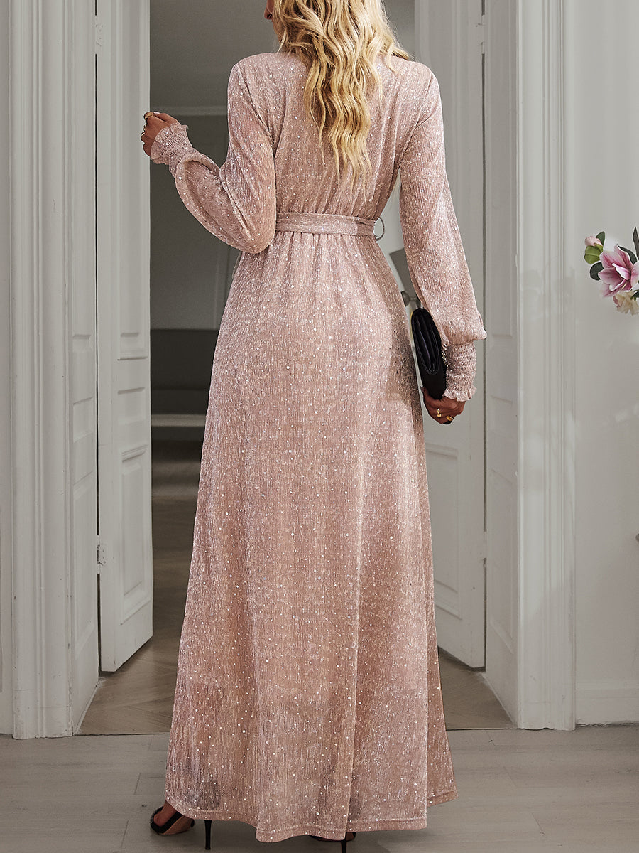 Maxi Dresses - Tie Waist Slit V Neck Long Sleeved Maxi Dress - MsDressly