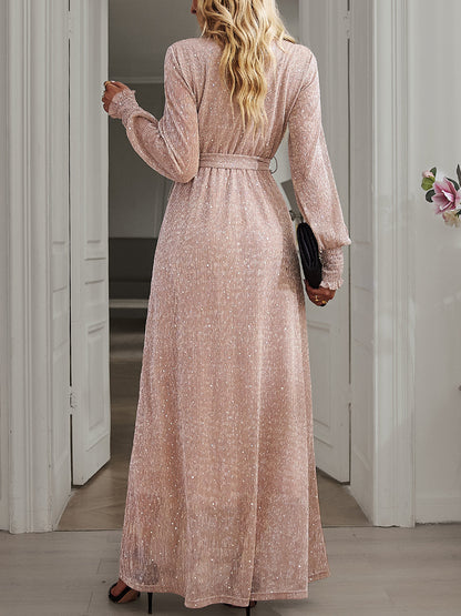 Maxi Dresses - Tie Waist Slit V Neck Long Sleeved Maxi Dress - MsDressly