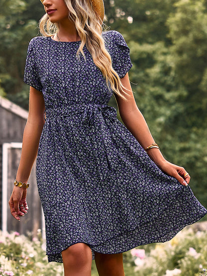 Mini Dresses - Temperament Floral Casual Strap Waist Round Neck Mini Dress - MsDressly