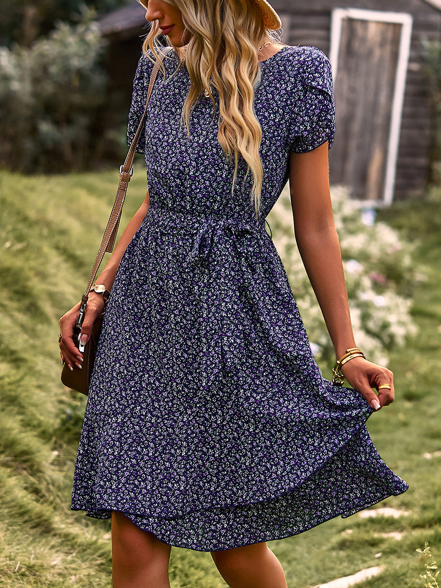 Mini Dresses - Temperament Floral Casual Strap Waist Round Neck Mini Dress - MsDressly