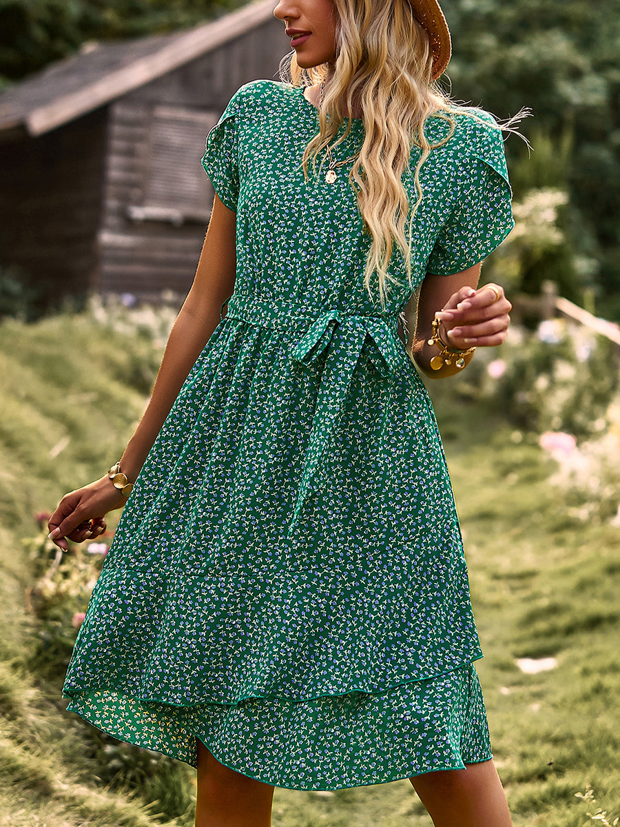 Mini Dresses - Temperament Floral Casual Strap Waist Round Neck Mini Dress - MsDressly