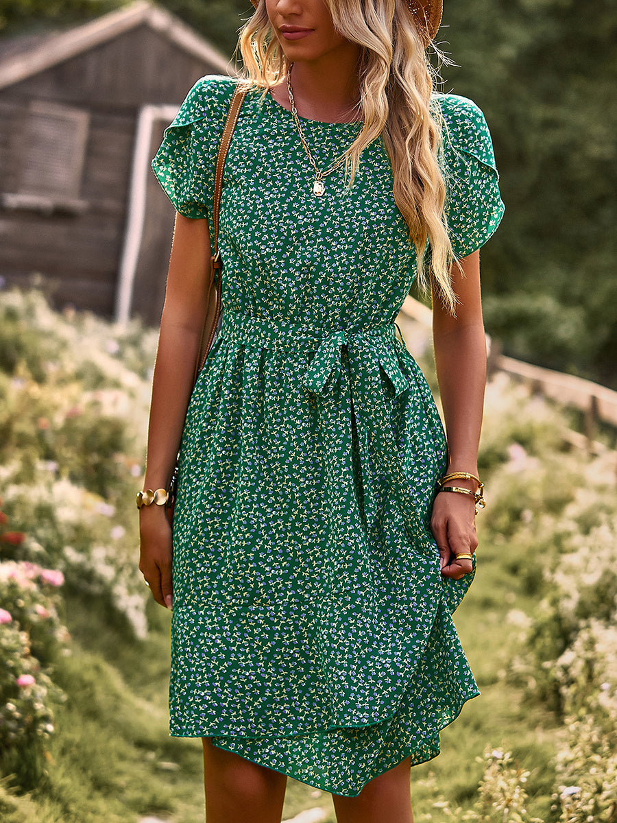 Mini Dresses - Temperament Floral Casual Strap Waist Round Neck Mini Dress - MsDressly