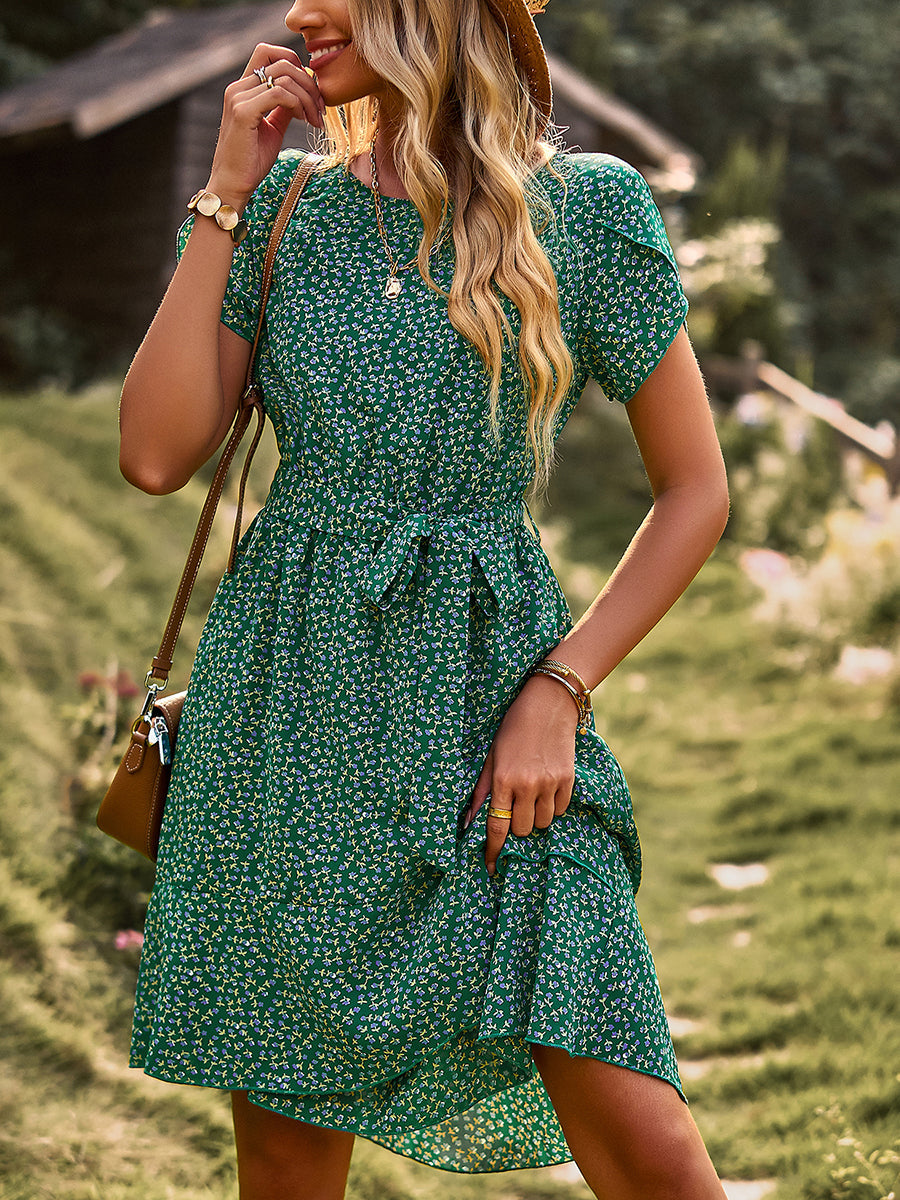 Mini Dresses - Temperament Floral Casual Strap Waist Round Neck Mini Dress - MsDressly