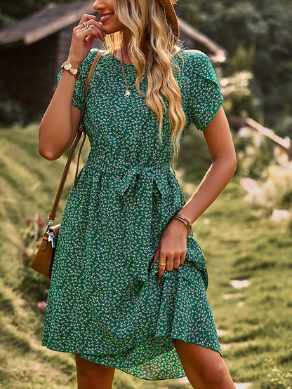 Mini Dresses - Temperament Floral Casual Strap Waist Round Neck Mini Dress - MsDressly