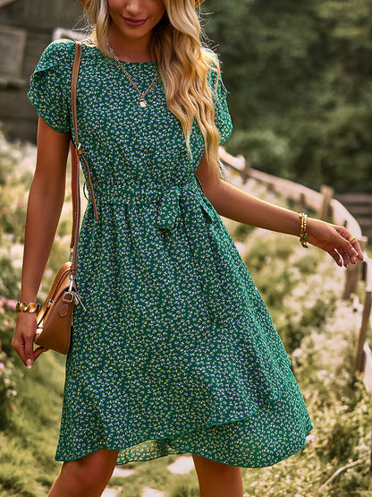 Mini Dresses - Temperament Floral Casual Strap Waist Round Neck Mini Dress - MsDressly