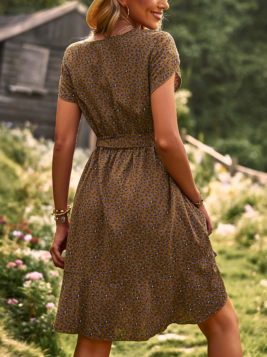 Mini Dresses - Temperament Floral Casual Strap Waist Round Neck Mini Dress - MsDressly