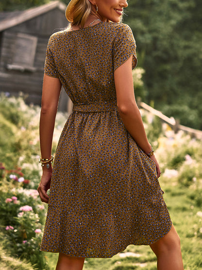 Mini Dresses - Temperament Floral Casual Strap Waist Round Neck Mini Dress - MsDressly