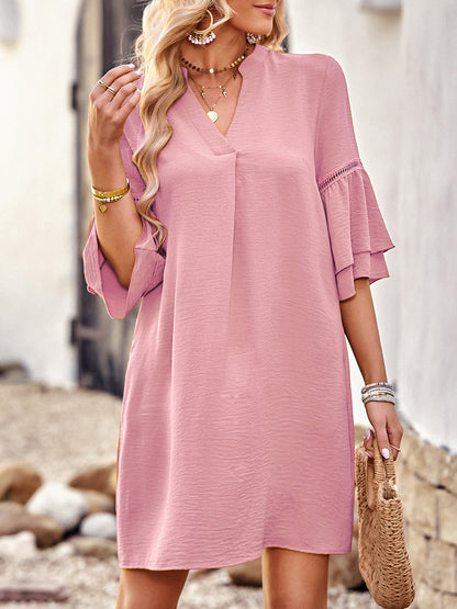 Mini Dresses - Solid Color Loose Fashion V Neck Mini Dress - MsDressly