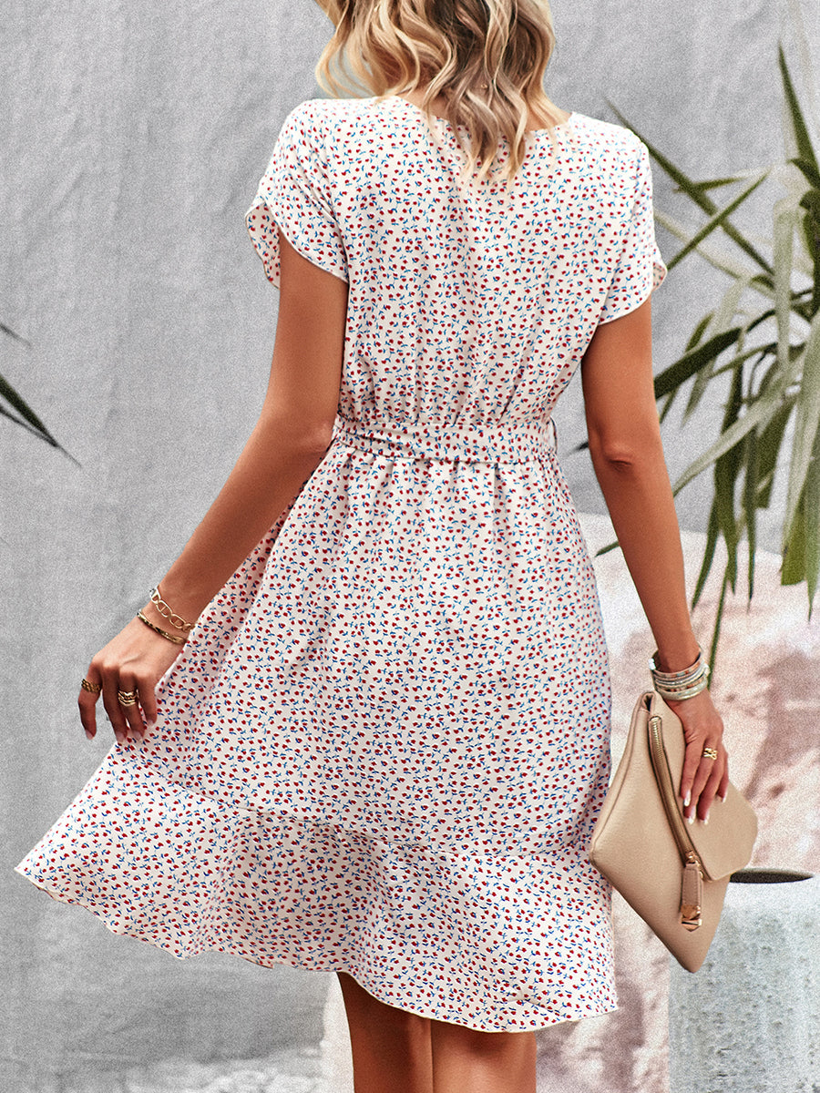 Mini Dresses - Temperament Floral Casual Strap Waist Round Neck Mini Dress - MsDressly