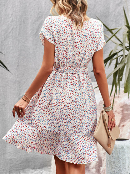 Mini Dresses - Temperament Floral Casual Strap Waist Round Neck Mini Dress - MsDressly