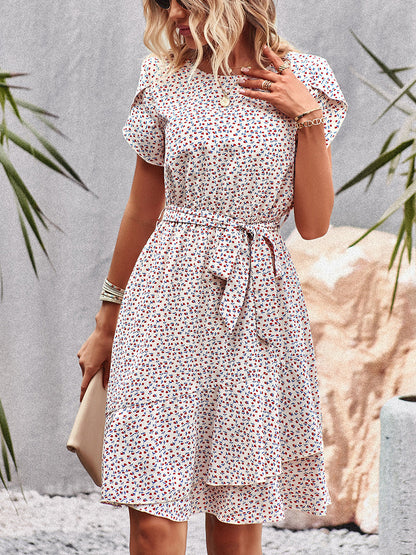 Mini Dresses - Temperament Floral Casual Strap Waist Round Neck Mini Dress - MsDressly