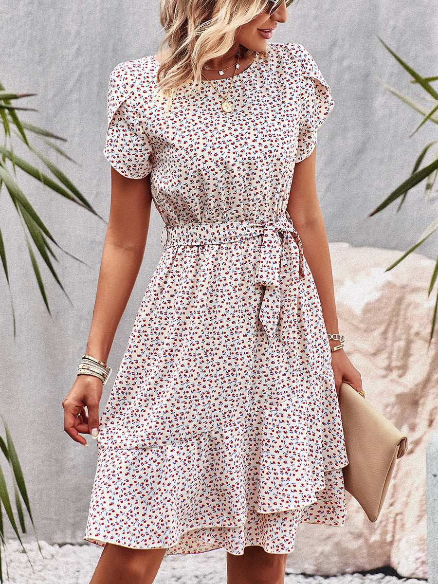 Mini Dresses - Temperament Floral Casual Strap Waist Round Neck Mini Dress - MsDressly