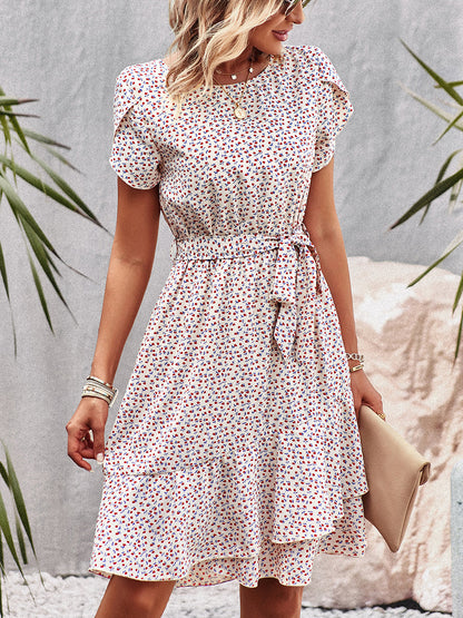 Mini Dresses - Temperament Floral Casual Strap Waist Round Neck Mini Dress - MsDressly