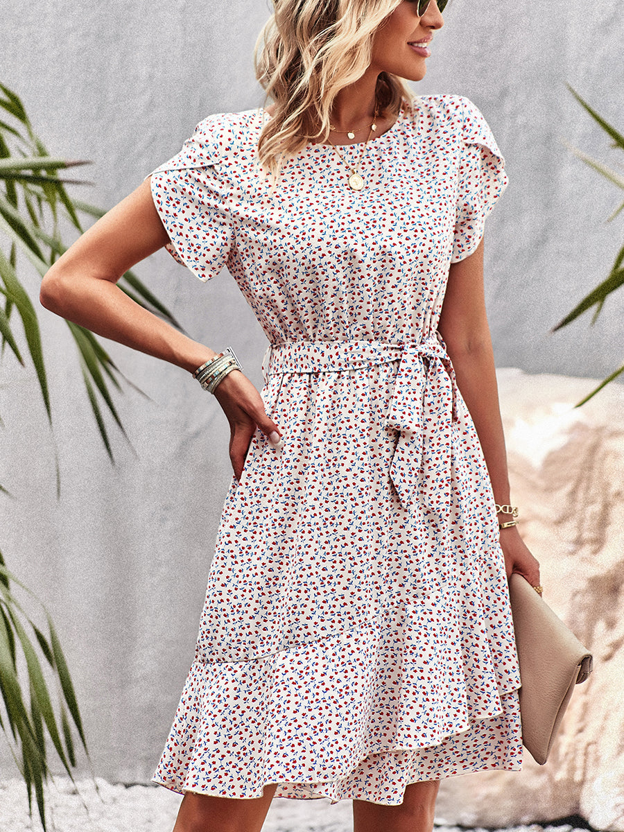 Mini Dresses - Temperament Floral Casual Strap Waist Round Neck Mini Dress - MsDressly