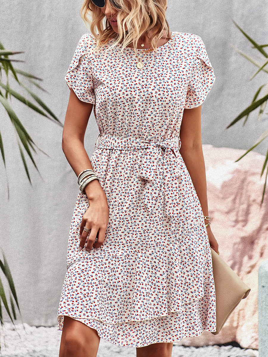 Mini Dresses - Temperament Floral Casual Strap Waist Round Neck Mini Dress - MsDressly