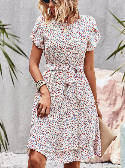 Mini Dresses - Temperament Floral Casual Strap Waist Round Neck Mini Dress - MsDressly