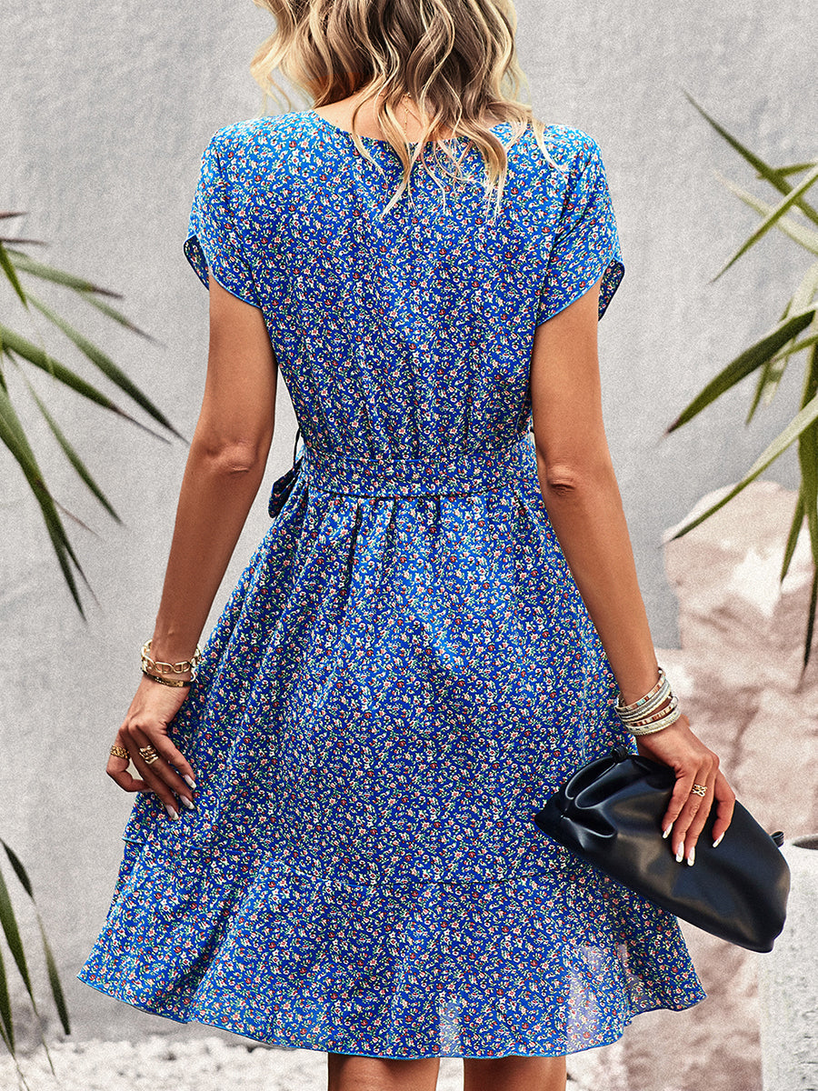 Mini Dresses - Temperament Floral Casual Strap Waist Round Neck Mini Dress - MsDressly