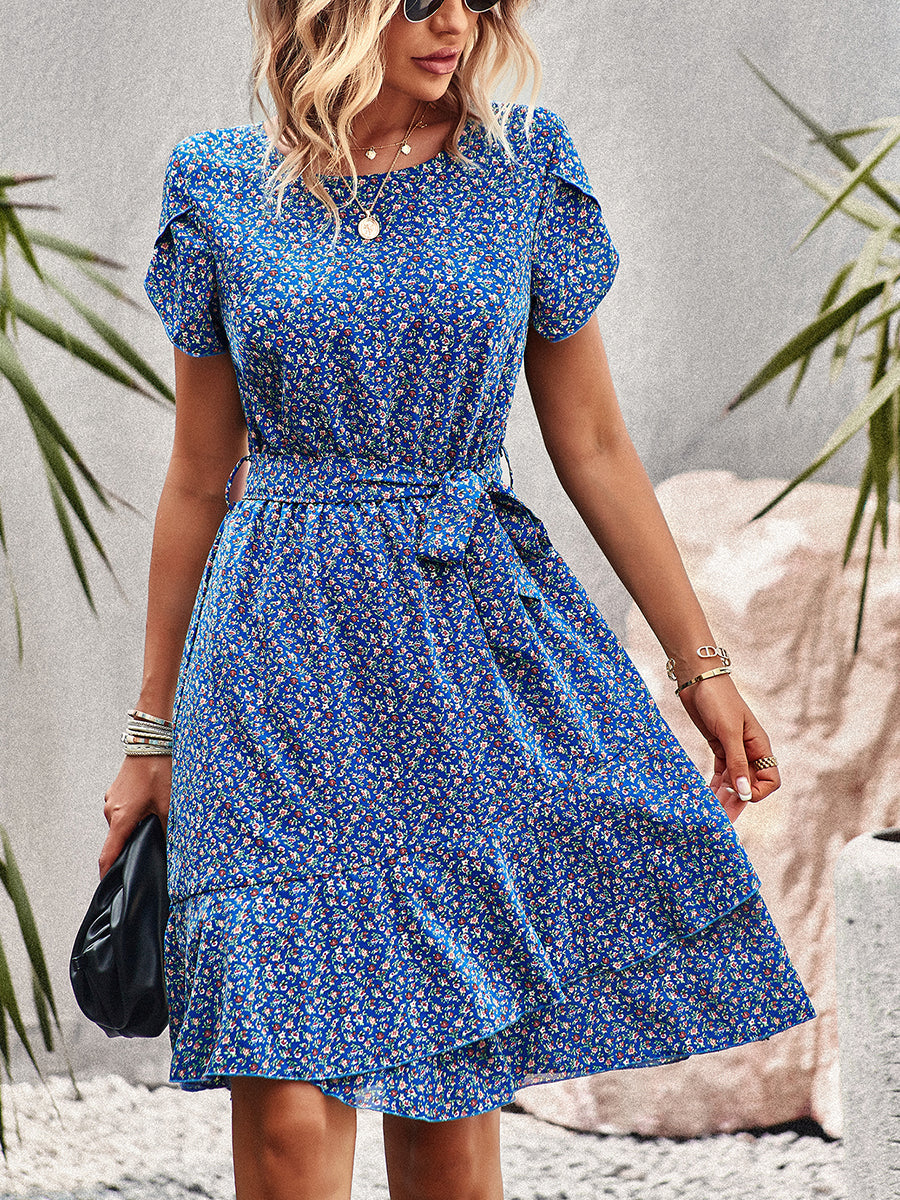 Mini Dresses - Temperament Floral Casual Strap Waist Round Neck Mini Dress - MsDressly