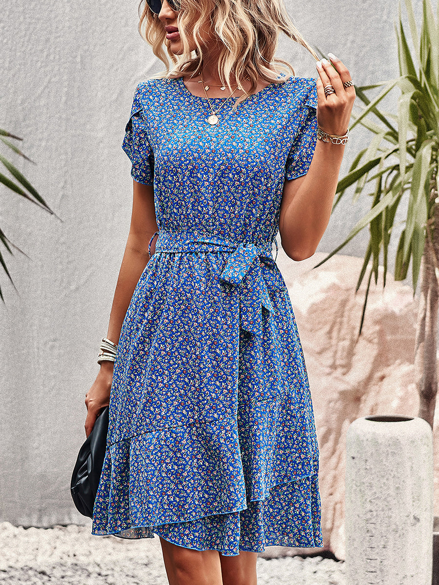 Mini Dresses - Temperament Floral Casual Strap Waist Round Neck Mini Dress - MsDressly