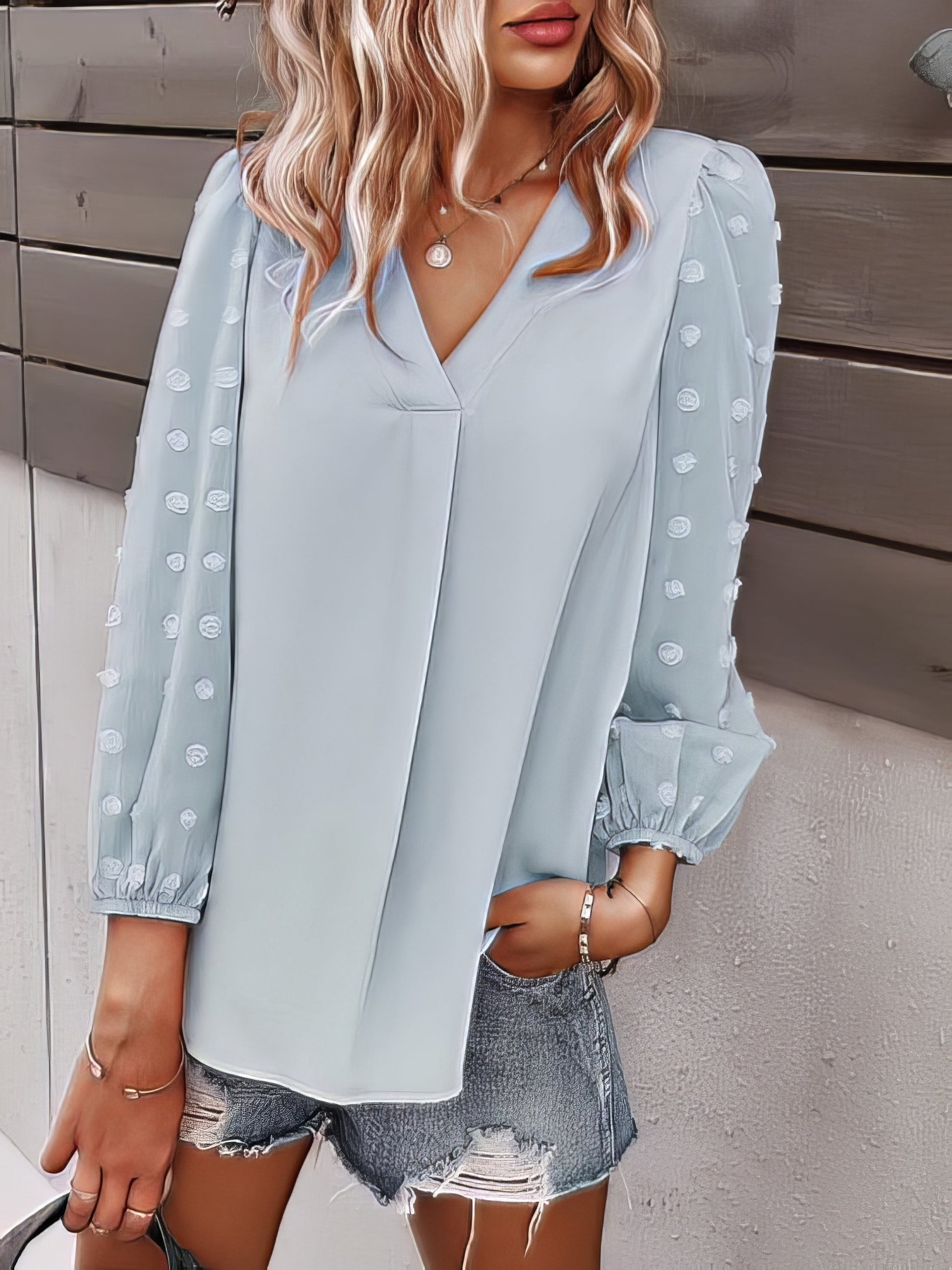 Blouses - Long-sleeved Casual V Neck Solid Blouse - MsDressly