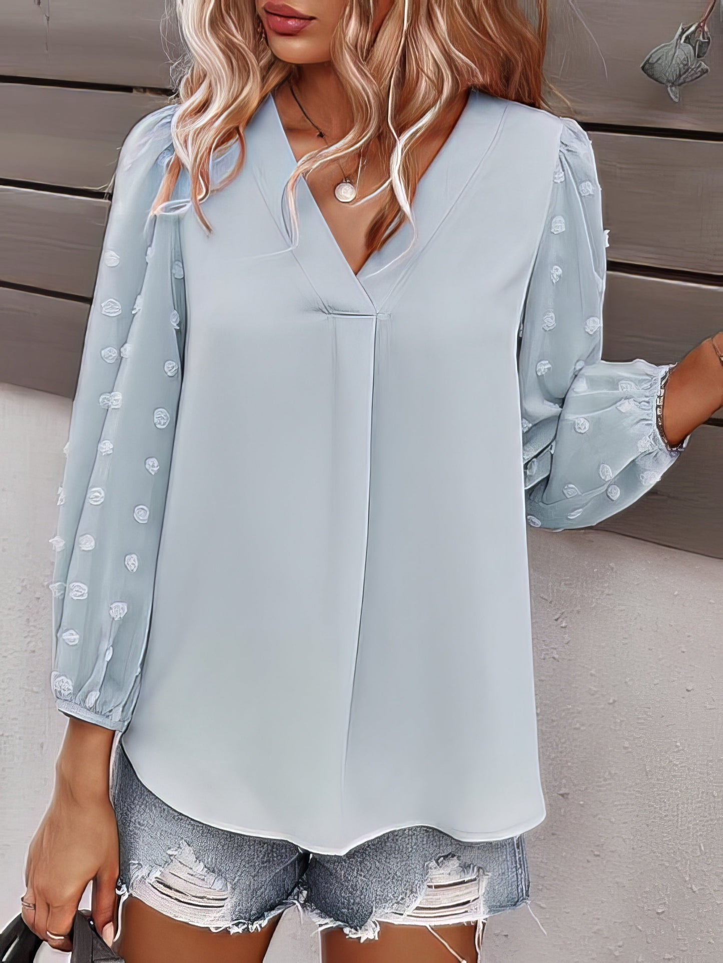 Blouses - Long-sleeved Casual V Neck Solid Blouse - MsDressly