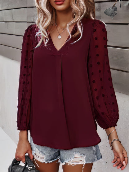 Long-sleeved Casual V Neck Solid Blouse