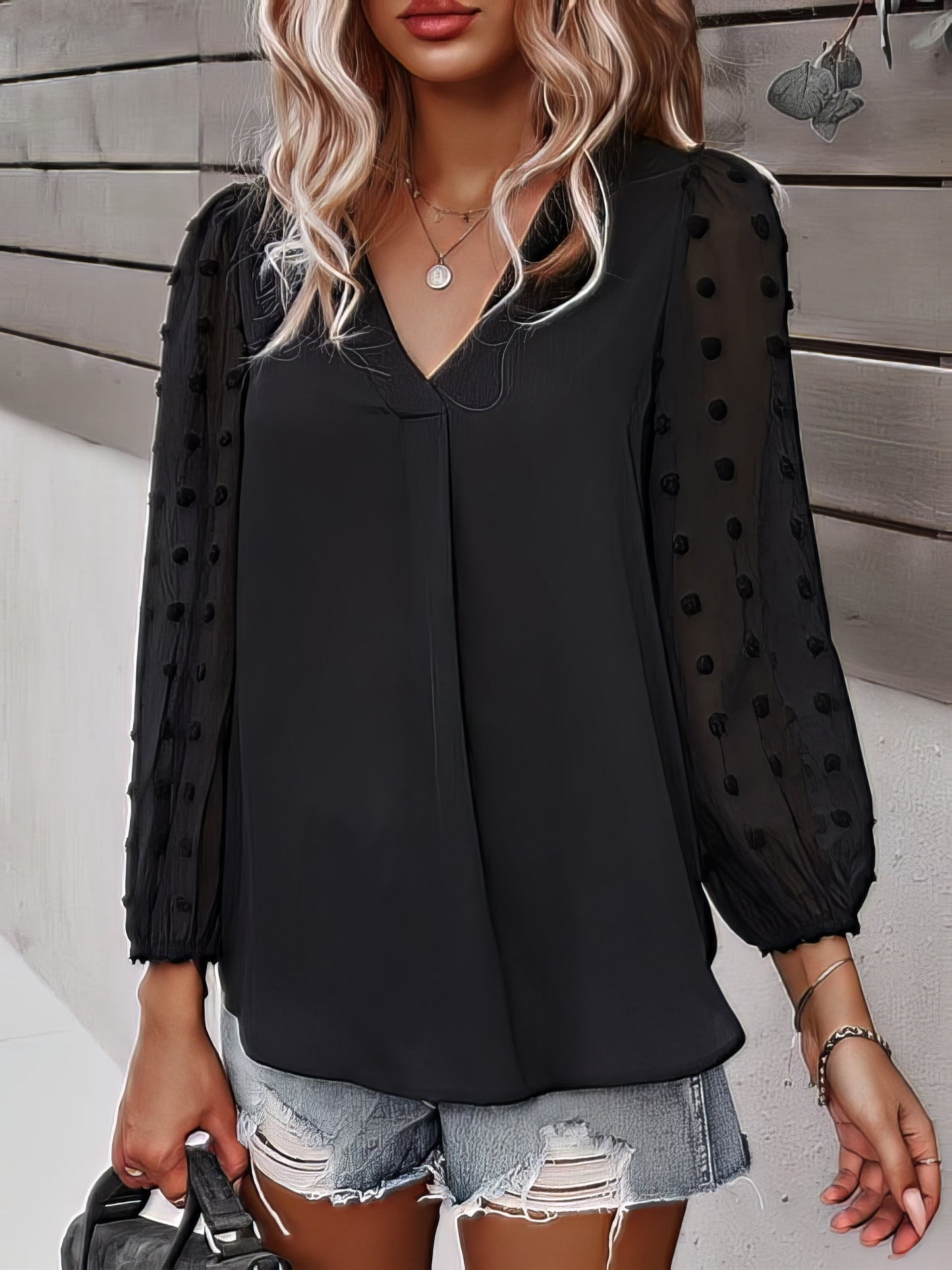 Long-sleeved Casual V Neck Solid Blouse