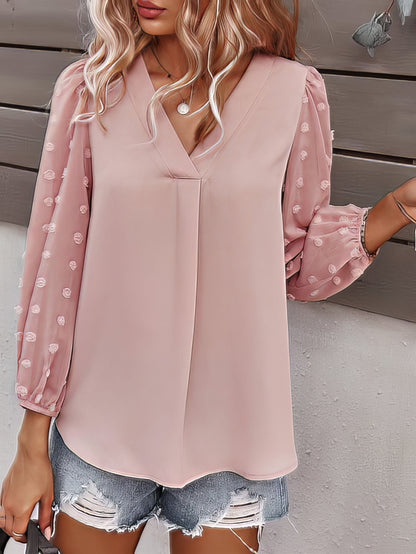 Long-sleeved Casual V Neck Solid Blouse