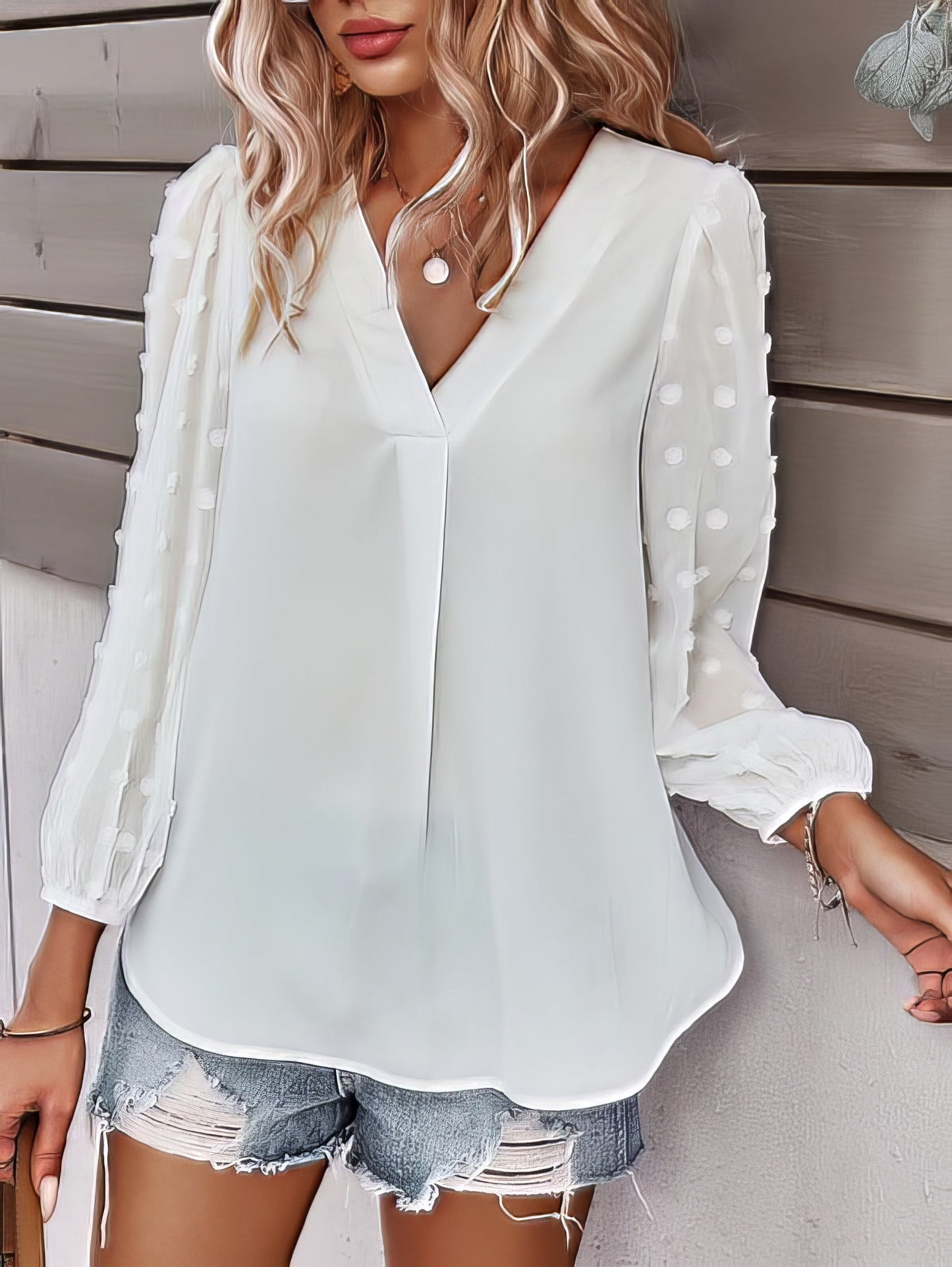 Blouses - Long-sleeved Casual V Neck Solid Blouse - MsDressly