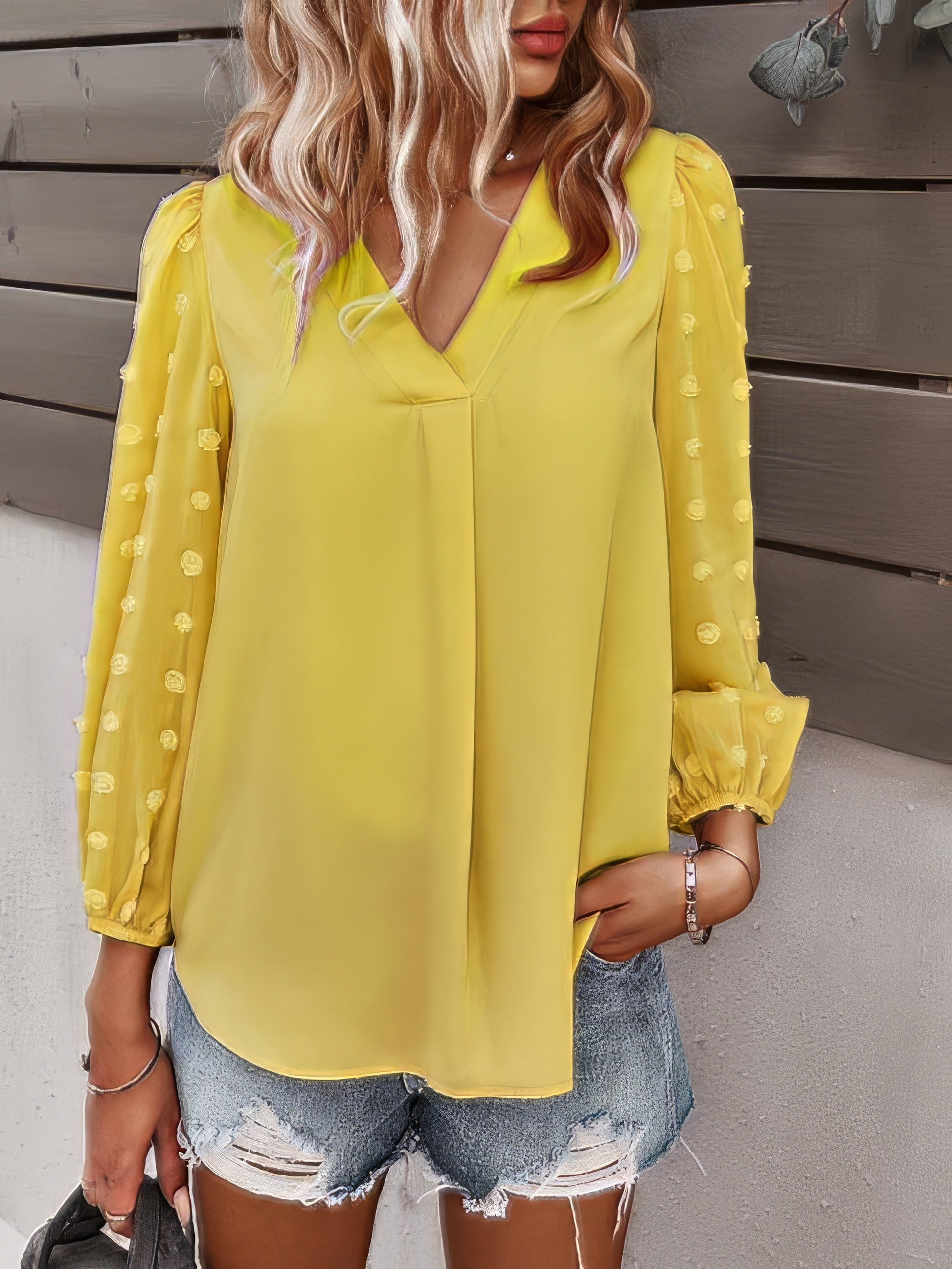 Blouses - Long-sleeved Casual V Neck Solid Blouse - MsDressly