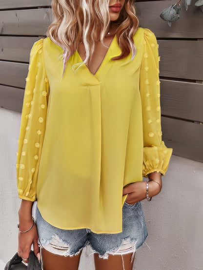 Blouses - Long-sleeved Casual V Neck Solid Blouse - MsDressly