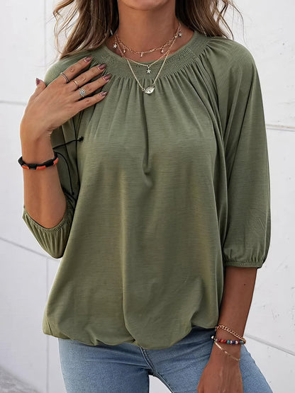 T-Shirts - Loose 3/4 Sleeve Pleated Crew Neck T-Shirt - MsDressly