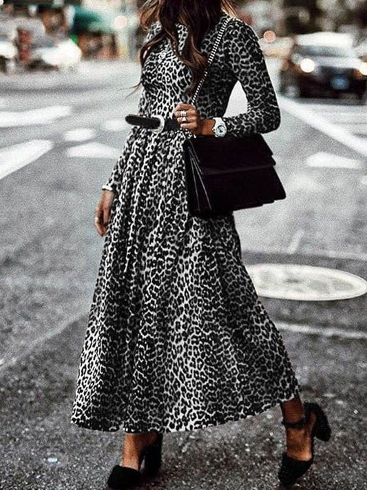 Leopard Print Vintage Round Neck Long Sleeve Dress
