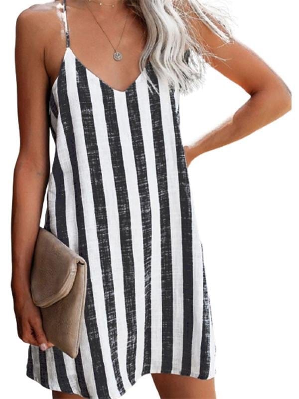Mini Dress with Stylish Striped Print Suspenders