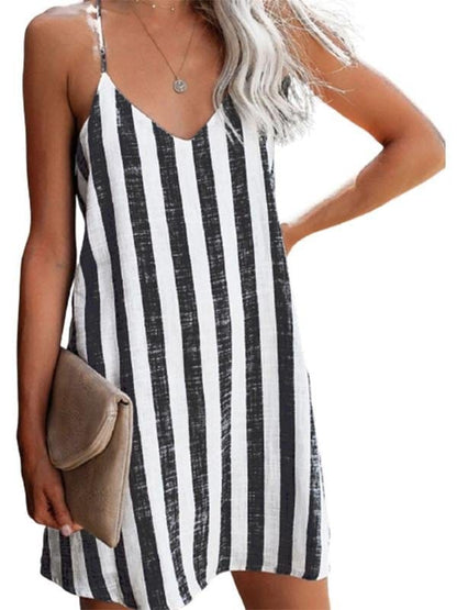 Mini Dress with Stylish Striped Print Suspenders