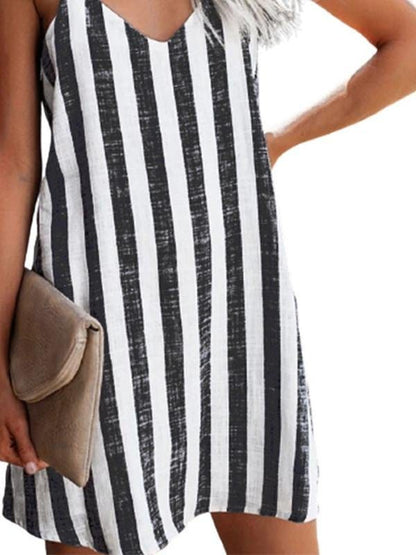 Mini Dress with Stylish Striped Print Suspenders