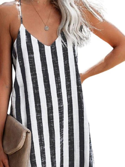 Mini Dress with Stylish Striped Print Suspenders