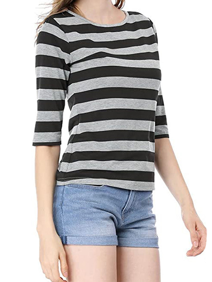 T-Shirts - Elbow Sleeves Round Neck Slim Fit Casual Printed T-Shirt - MsDressly