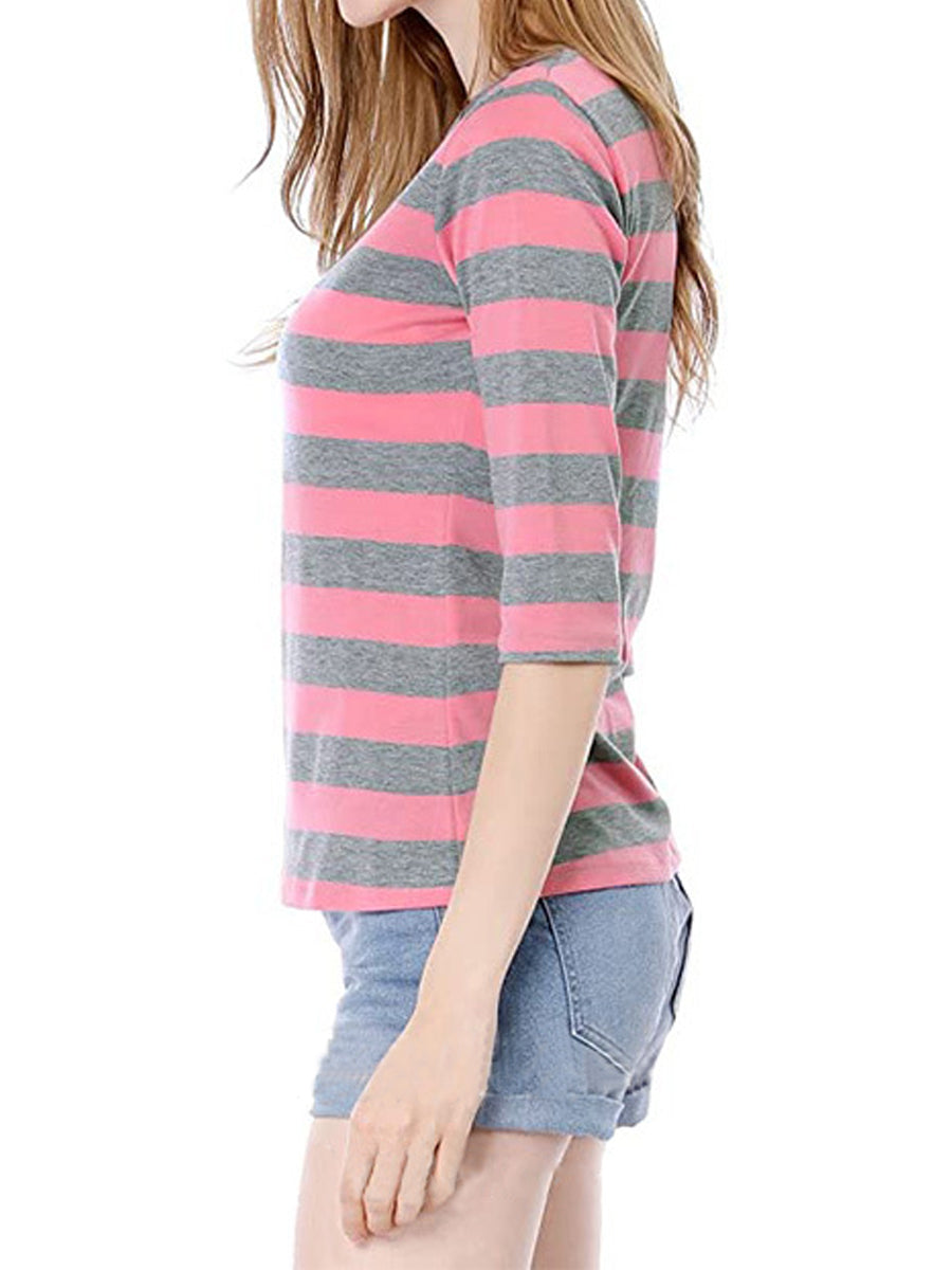 T-Shirts - Elbow Sleeves Round Neck Slim Fit Casual Printed T-Shirt - MsDressly