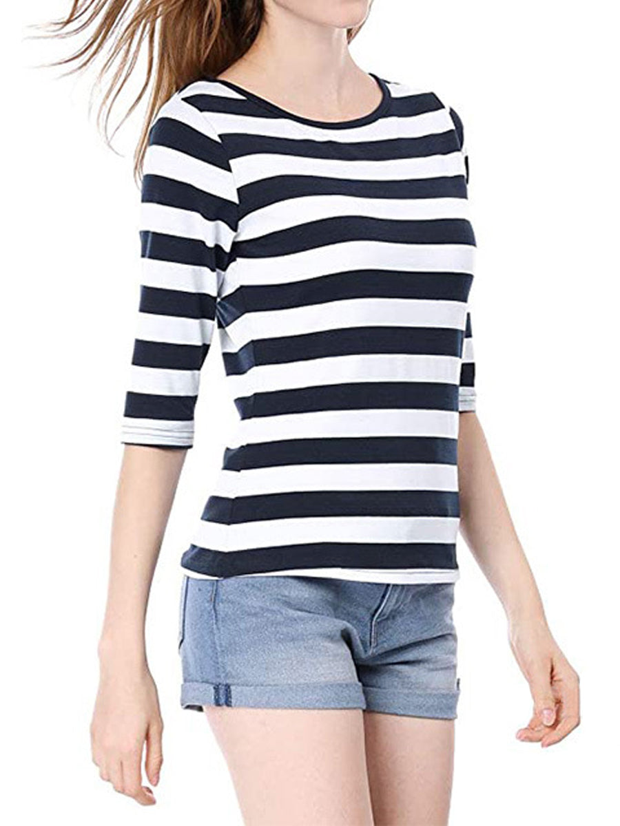 T-Shirts - Elbow Sleeves Round Neck Slim Fit Casual Printed T-Shirt - MsDressly