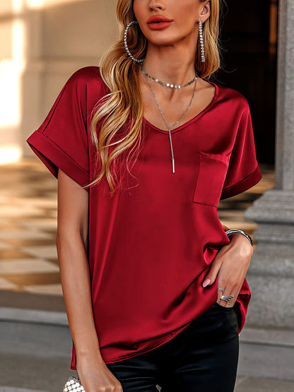 T-Shirts - V Neck Pocket Rolled Short Sleeve Loose Casual T-Shirt - MsDressly