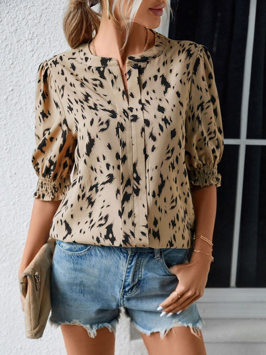Blouses - Print Loose Ruffle Sleeve Round Neck Blouse - MsDressly